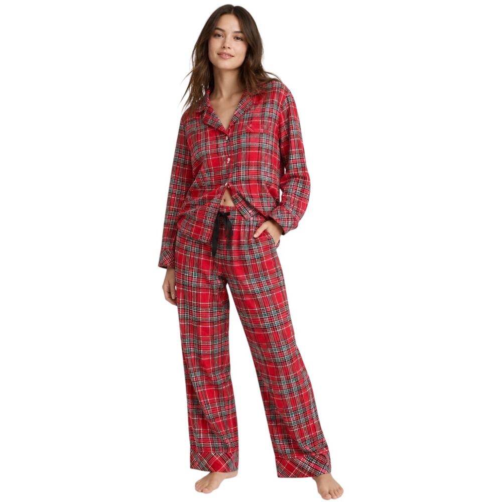 Victoria's Secret Red Plaid Gold Metallic Holiday Pajama Set, Women's Large